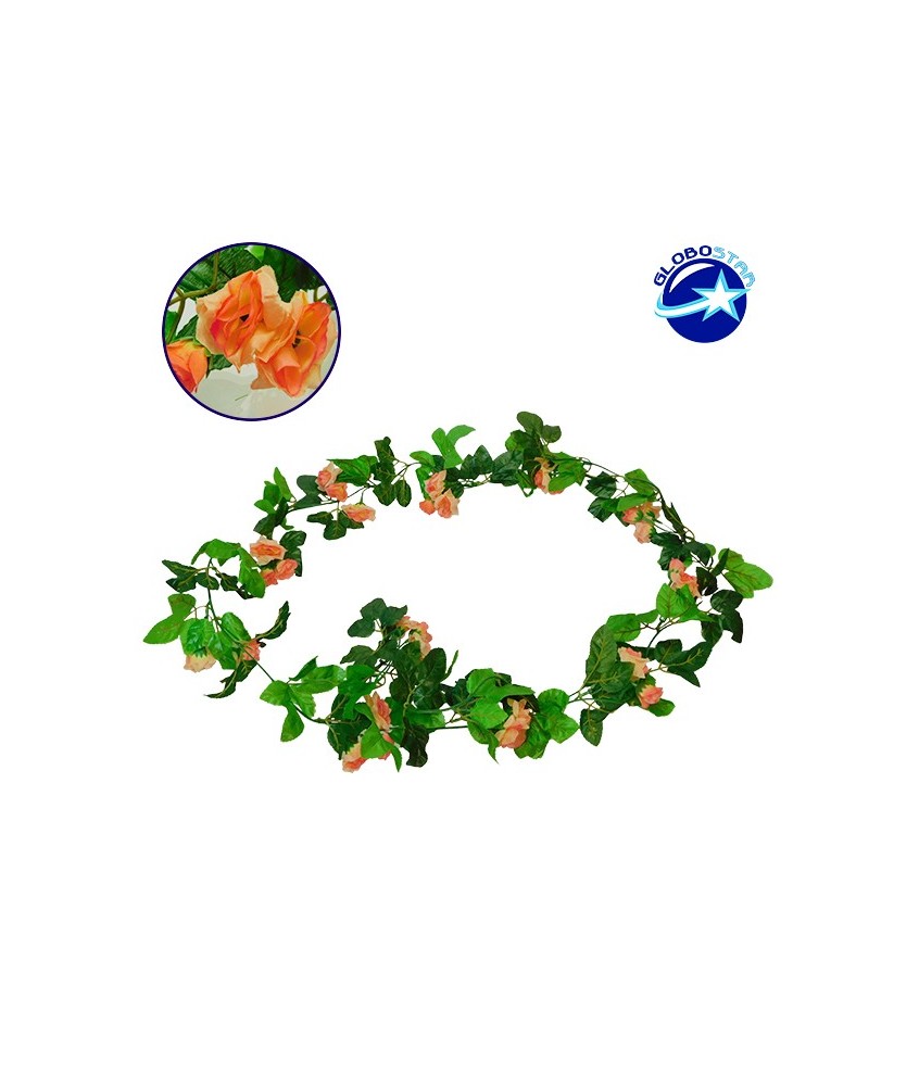 GloboStar® 09015 Τεχνητό Κρεμαστό Φυτό Διακοσμητική Γιρλάντα Μήκους 2.2 μέτρων με 33 X Μικρά Τριαντάφυλλα Σομόν